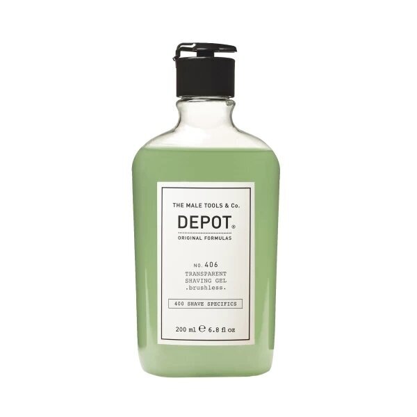 Depot Nr. 406 TRANSPARENT SHAVING GEL brushless. Skaidri skutimosi želė. Naudojama be šepetėlio Depot Nr. 406 TRANSPARENT SHAVING GEL brushless. Skaidri skutimosi želė. Naudojama be šepetėlio