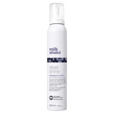 Milk Shake SILVER SHINE WHIPPED CREAM kondicionuojančios putos plaukų struktūrai su mėlynu pigmentu Milk Shake SILVER SHINE WHIPPED CREAM kondicionuojančios putos plaukų struktūrai su mėlynu pigmentu