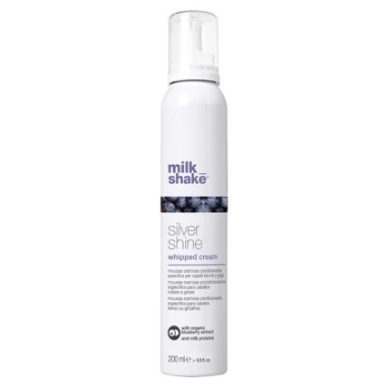 Milk Shake SILVER SHINE WHIPPED CREAM kondicionuojančios putos plaukų struktūrai su mėlynu pigmentu Milk Shake SILVER SHINE WHIPPED CREAM kondicionuojančios putos plaukų struktūrai su mėlynu pigmentu