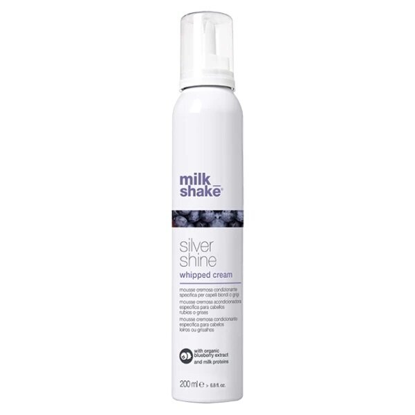 Milk Shake SILVER SHINE WHIPPED CREAM kondicionuojančios putos plaukų struktūrai su mėlynu pigmentu Milk Shake SILVER SHINE WHIPPED CREAM kondicionuojančios putos plaukų struktūrai su mėlynu pigmentu